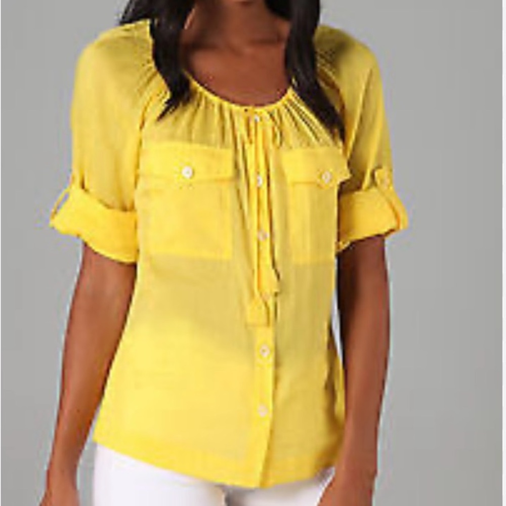 Tory Burch Luisa yellow, button down semi sheer peasant blouse. Feminine stlye.